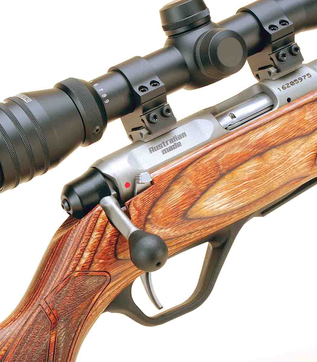 The two-position safety is located right in front of the bolt handle. The .17 HMR and the .22 WMR versions have a “dimple” on the knob indicating the rifle is for a magnum cartridge.